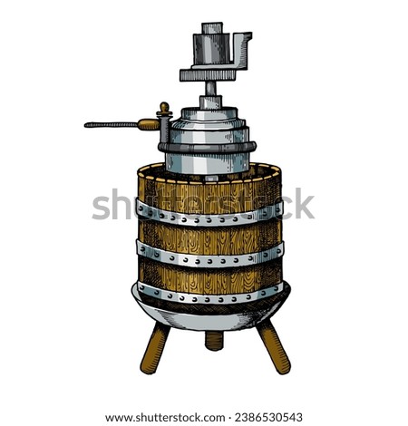 Mechanical wine press engraving sketch style hand drawn color vector illustration. Scratch board style imitation. Hand drawn image.