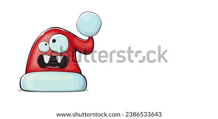 Vector cartoon Santa Claus red hat character with smile face isolated on white background. Childrens Merry Christmas greeting card with funny monster Santa hat. Santa red hat with sunglasses 