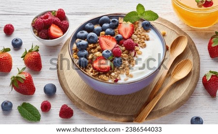 Healthy breakfast with yogurt, granola, and berries Royalty-Free Stock Photo #2386544033