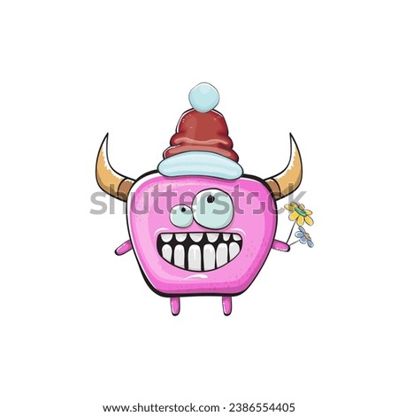 Vector cartoon funky pink monster with Santa Claus red hat isolated on white background. Funny and cute Childrens Merry Christmas greeting card with funny PINK monster elf Santa Claus character.