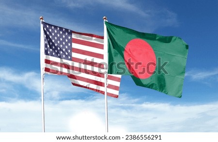 American flag and Bangladesh flag flutter under cloudy sky. fly in the sky