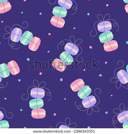 Seamless pattern with stack of macarons in pastel colours tired with a ribbon on dark purple background. Sweets, candy, bakery, cafe or dessert theme. French pastry wallpaper. Vector illustration. 