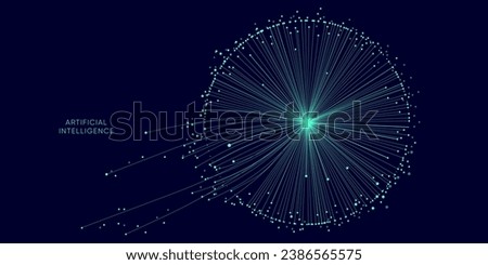 Illustration of abstract stream information with cyan, blue, red and orange line and dot. Big data, technology, AI, data transfer, data flow, large language model, generative AI. Royalty-Free Stock Photo #2386565575