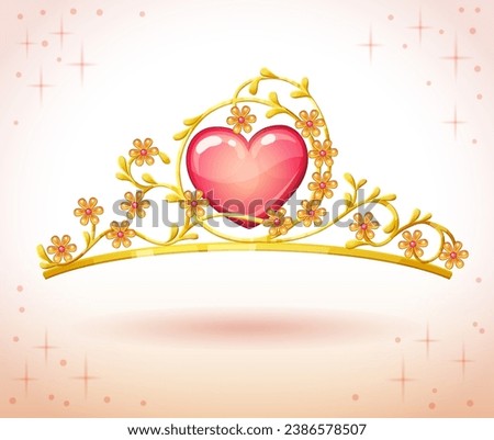 Princess tiara with floral ornament vector illustration. Queen golden crown with heart shaped gem icon isolated on white background. Prom diadem cartoon clip art