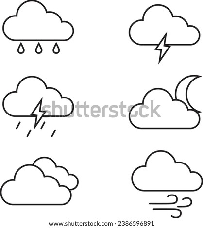 illustrations of icons for various types of weather: cloudy, rainy, lightning, wind, moon