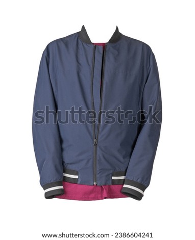 men's dark blue bomber jacket and burgundy t-shirt isolated on a white background. fashionable casual wear