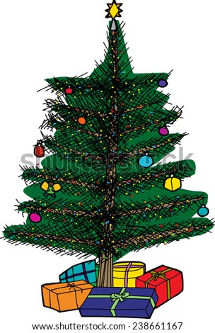 Hand drawn cartoon Christmas tree with gifts over white