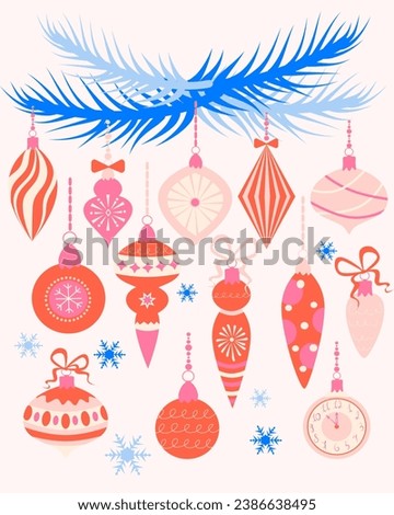 Vector set of Christmas toys. Vintage Christmas tree balls, retro in pink colour with blue spruce branch. Glass balls of the Soviet Union.
