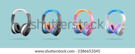 Set of colored 3D headphones. Modern wireless portable gadget for listening to music, and audiobooks. For advertising design. Royalty-Free Stock Photo #2386653345