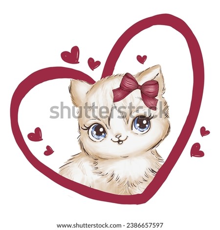 red hearts blue eyes beige fluffy cat illustration with white background