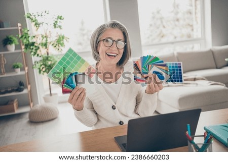 Photo of excited cheerful senior lady architect dressed white cardigan showing new design colors indoors house room