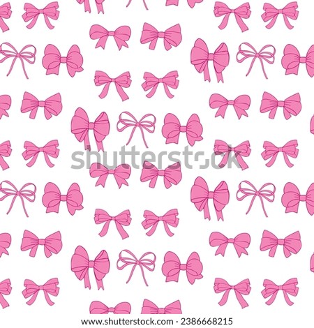 Seamless pattern of pink gift bows, ribbons  in sketch style, hand drawn vector doodles, icon set isolated on white background. 