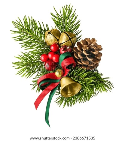 Christmas composition made of fir branches, cone, gold bells isolated on a white background. Element design of greeting card, banner Royalty-Free Stock Photo #2386671535