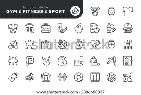 Line icon set. Gym, fitness and sports. Sports equipment and proper nutrition. Healthy lifestyle. Vector icon pack.