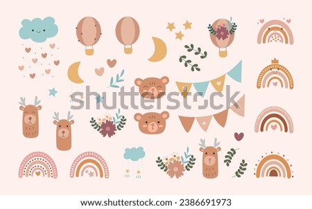 Boho collection of cartoon rainbows, bears, deer, clouds, stars, hearts, hot air balloons in pastel colors. Bohemian retro set illustration in scandinavian style. Vector