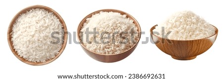 Bowl of white jasmine rice, top side front view on white background cutout file. Mockup template for artwork design.. perspective positions many different angle
 Royalty-Free Stock Photo #2386692631