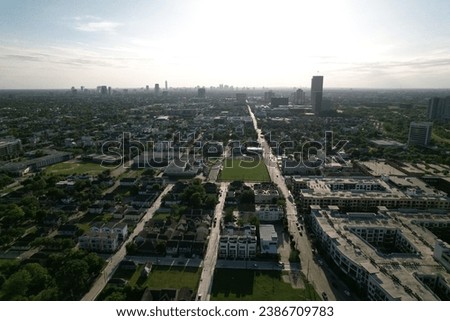 An aerial view of Houston skyline on a sunny day