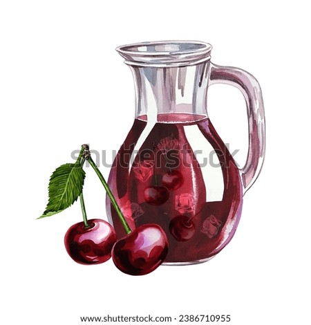 A jug of cherry juice. Ripe and juicy cherries. Watercolor illustration, hand-drawn. For the design of labels, packaging and banners. For textiles, prints and stickers. For menus, invitation cards.