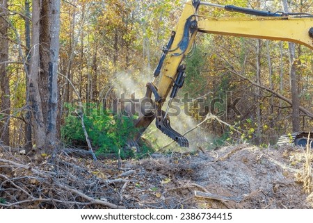 Builder uses tractor to uproot trees in forest in preparation for construction of house Royalty-Free Stock Photo #2386734415