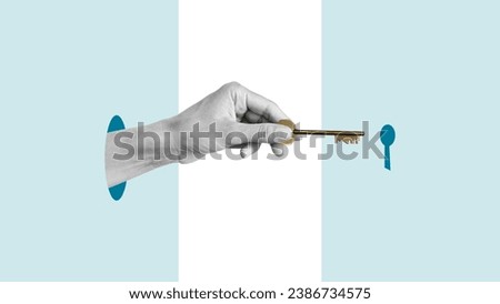 Collage with hand holding key to the hole. Secret to success. Find solution, get success or find key strategy. Abstract business concept to solve problem Royalty-Free Stock Photo #2386734575