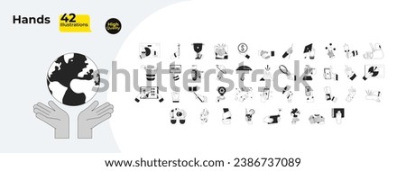 Hands doing different things cartoon human hands outline illustration bundle. Lab, finance, corporate, space 2D isolated black and white vector image collection. Flat monochromatic drawing clip arts