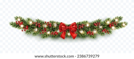 Christmas tree border with green fir branches, red bow, berries and gold lights isolated on transparent background. Pine, xmas evergreen plants frame. Vector string garland decor Royalty-Free Stock Photo #2386739279