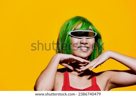 Woman swimsuit sunglasses beauty wow portrait smile trendy shocked cute summer fashion wig