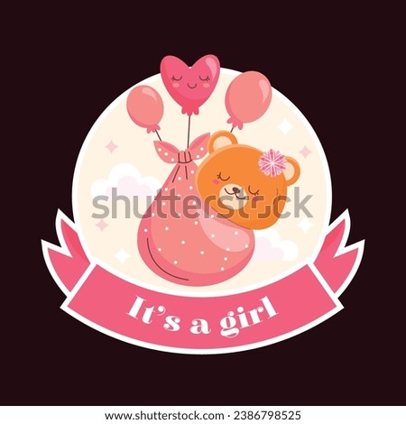 Baby shower sticker. baby girl, baby boy. balloons on blue and pink background. It's a boy. It's a girl. Cartoon Vector illustration elements for Poster, Label, Sticker. party.
