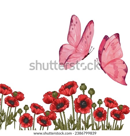 beautiful and romantic illustration of butterflies and red flowers