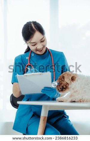 Beautiful Asian female veterinarian doing a health check on a dog, caring doctor at the veterinary clinic
​