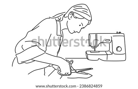 line art of woman using sewing machine Royalty-Free Stock Photo #2386824859