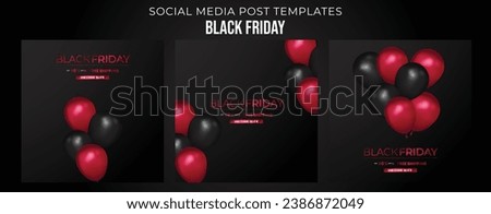 black Friday realistic banner with red and black balloons. vector illustration social media post