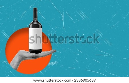 Contemporary artistic collage featuring an image of a hand and a wine bottle. The concept revolves around celebration and the consumption of alcohol.
