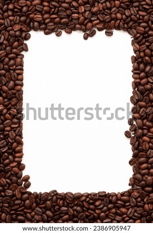 Top view of roasted coffee beans texture background on flat lay in vertical with white free space in center. pattern for design menu drink. coffee beans frame.