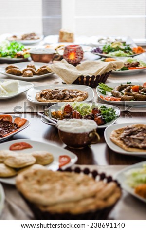 Traditional foods like mumbar, buryan, kebab, baklava from Turkish cuisine Royalty-Free Stock Photo #238691140