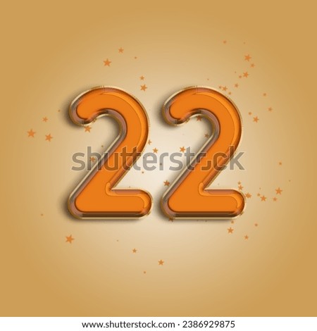 Anniversary number 22 foil orange balloon. Happy birthday, congratulations poster. Blue balloon number with glitter stars decoration. Vector background