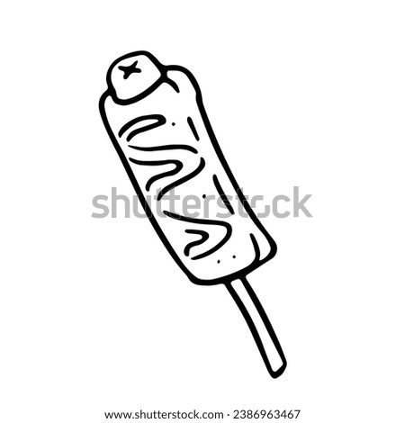 Corn dog with ketchup in doodle style. Isolated illustration