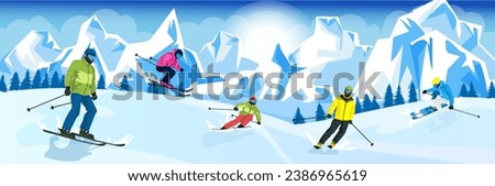 Group of skier practice skills near high alps mountains. Extreme winter sports. Snowy picturesque downhill, recreation activity, holiday vacation. Skiing competition. Vector illustration Royalty-Free Stock Photo #2386965619