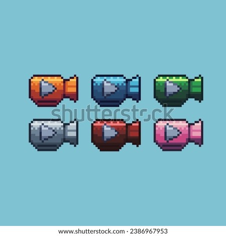 Pixel art sets of camera play with variation color item asset. Simple bits of camera with play button pixelated style. 8bits perfect for game asset or design asset element for your game design asset.