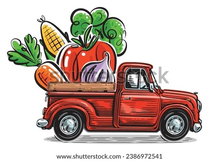 Retro red truck with fresh organic vegetables. Delivery of natural healthy food from the farm. Vector illustration