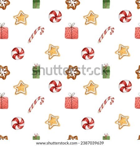 Christmas seamless pattern with red and green watercolor hand drawn elements. Gingerbread, Christmas candy, holly berries and stars on white background for printing