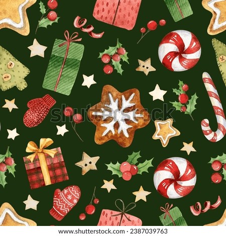 Christmas seamless pattern with red and green watercolor hand drawn elements. Gingerbread, Christmas candy, holly berries and stars on green background for printing