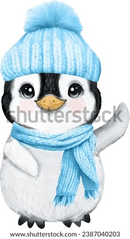 Penguin with Blue Winter Hat and Scarf watercolor clip art isolated on white illustration vector for baby shower waving baby boy penguin