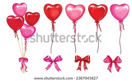 A set of watercolor Heart shape balloons vector. Red pink air balloons. Festive decoration element for Valentine's Day and Romantic designs