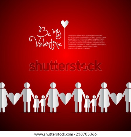 Happy Valentines Day, Paper Men and Woman with heart on red background - Be my valentine theme