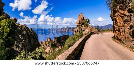Nature of Corsica, France. Amazing red rocks of Calanques de Piana. famous route and travel destination in west coast of the island in gulf of Porto
 Royalty-Free Stock Photo #2387065947