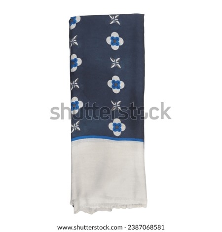 Dark blue scarf with a white border of wool and cashmere, patterns of flowers, on a white background