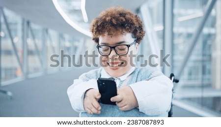 Phone, smile and a woman with a disability in an airport for travel or online booking confirmation. Business, communication and a flight passenger in a wheelchair for check in or accessibility Royalty-Free Stock Photo #2387087893