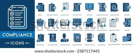 Compliance icon set. Checklist on the clipboard line icon with checkmarks, checklist, document, gear, Review, Compliance Management, Framework, Assessment outline icons. Royalty-Free Stock Photo #2387117443