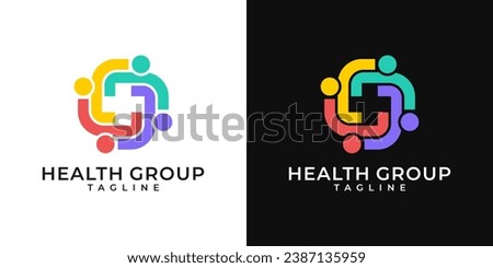 Medical healthcare community group logo. Plus sign logo with people design template. Vector logo of hospital, people, health care, cross symbol, colorful, fun, organic. Royalty-Free Stock Photo #2387135959